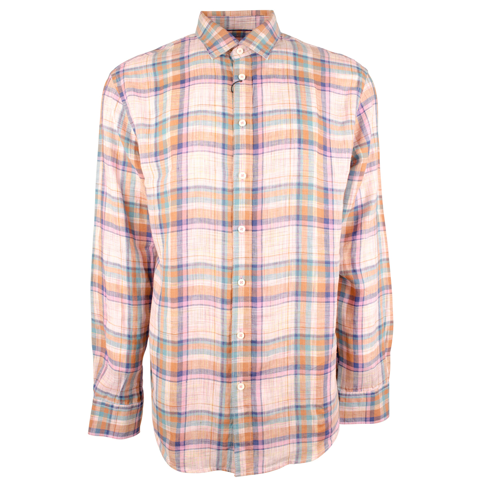 Bugatchi Men's Shaped Fit Plaid Fine Linen Long Sleeve Shirt Pnk XL